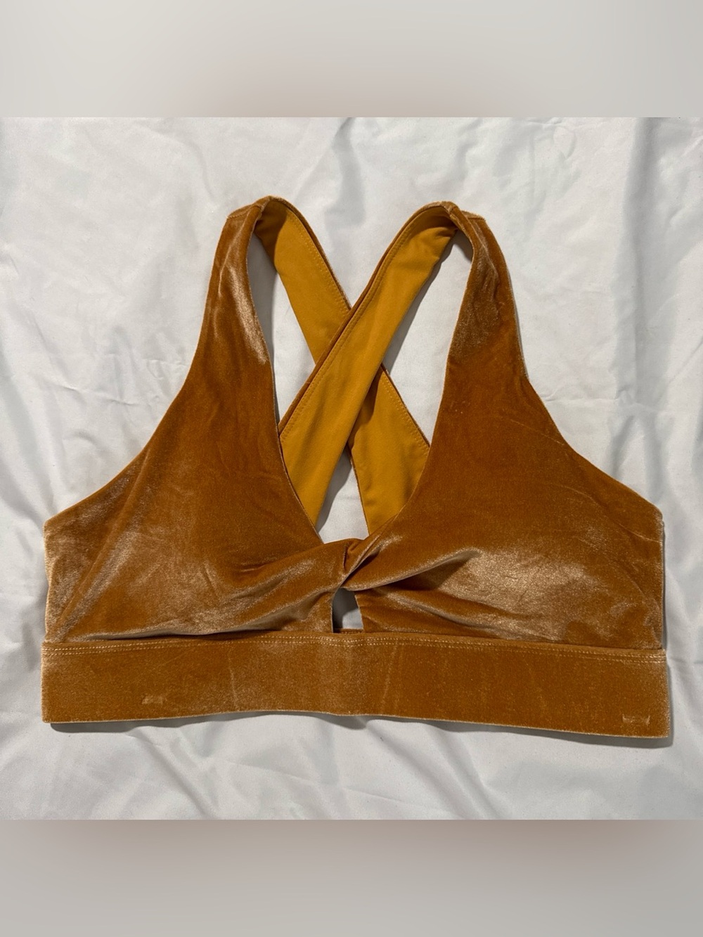 Fabletics Velvet Twist-Front Sports Bra in Mustard